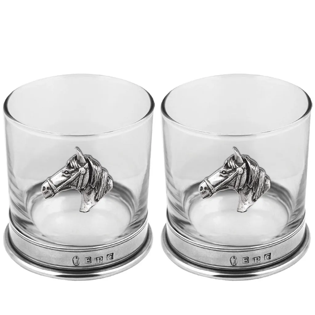 11oz Horse Head Pewter Whisky Glass Tumbler Set of 2