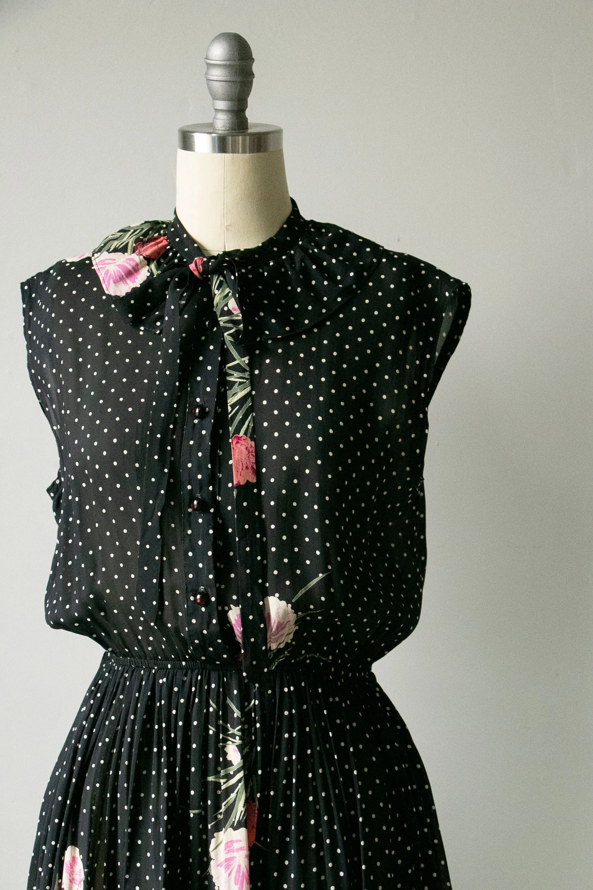 1970s Dress Polka Dot Dark Floral Sheer Chiffon S