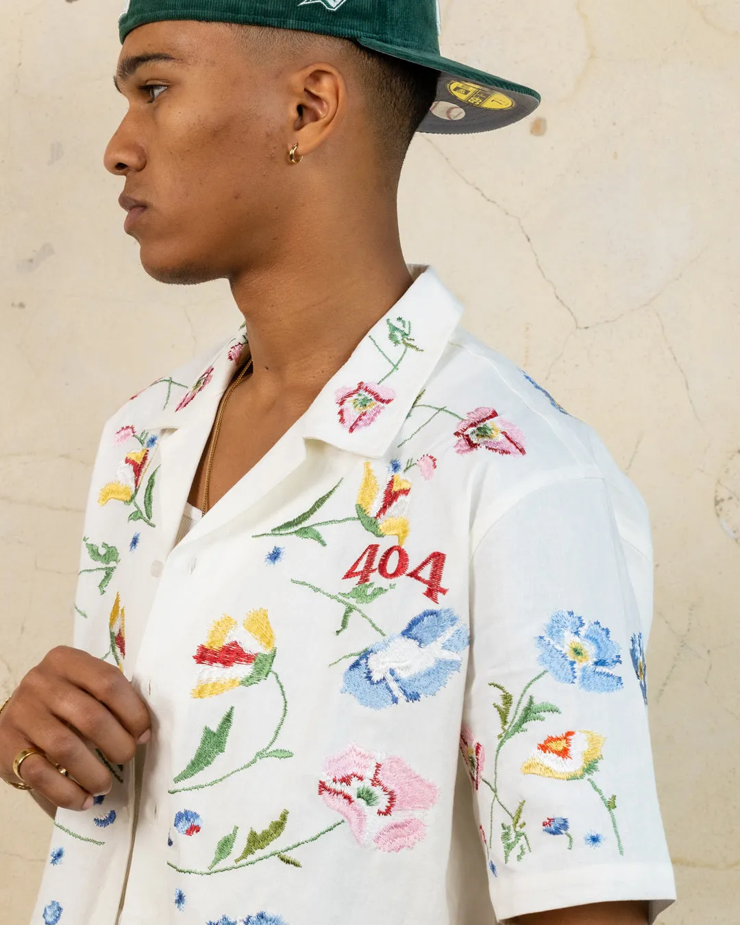 404 Midsommar Embroidered Button Up T-Shirt Ecru