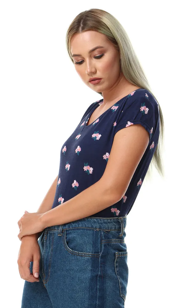 57660 Floral Slip On Short Sleeves Navy Blue Top