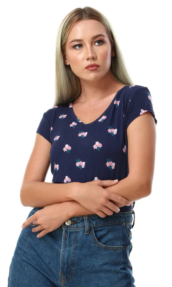 57660 Floral Slip On Short Sleeves Navy Blue Top