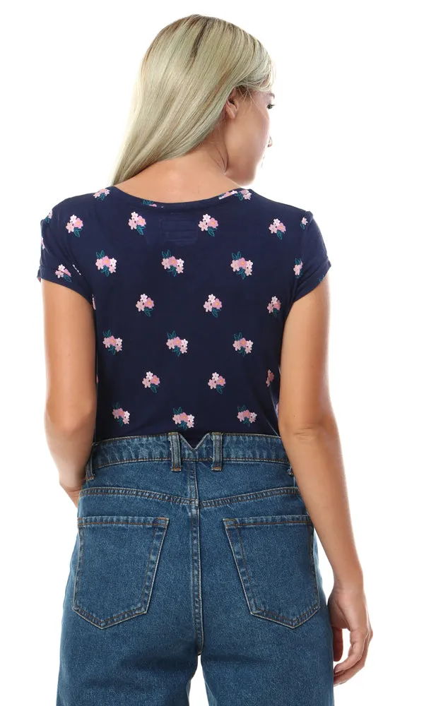 57660 Floral Slip On Short Sleeves Navy Blue Top