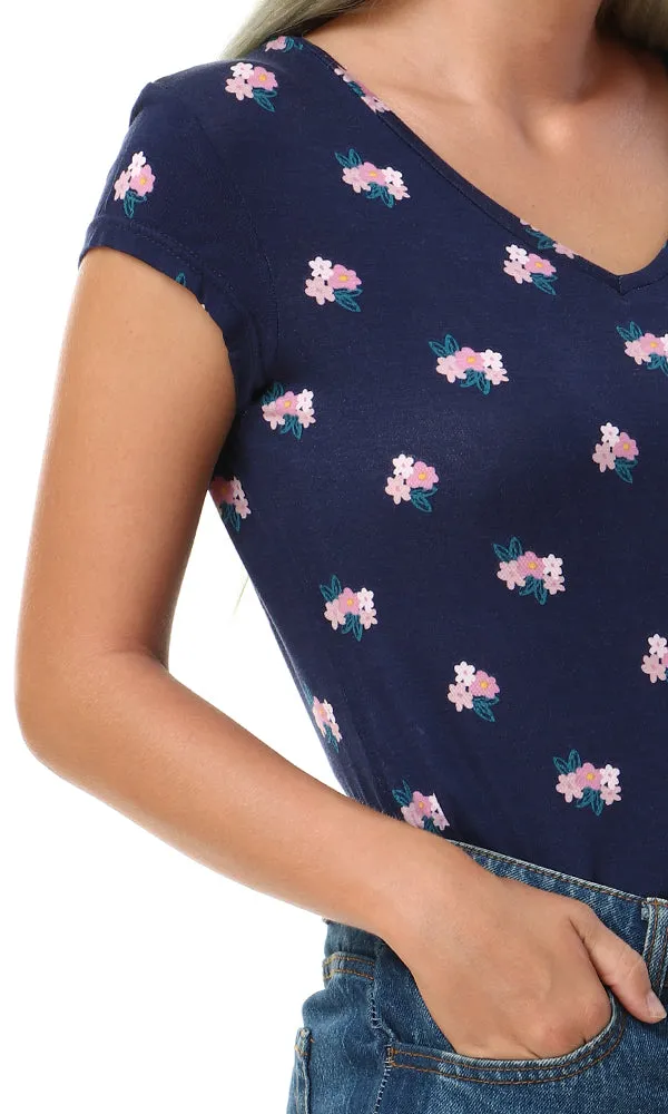 57660 Floral Slip On Short Sleeves Navy Blue Top