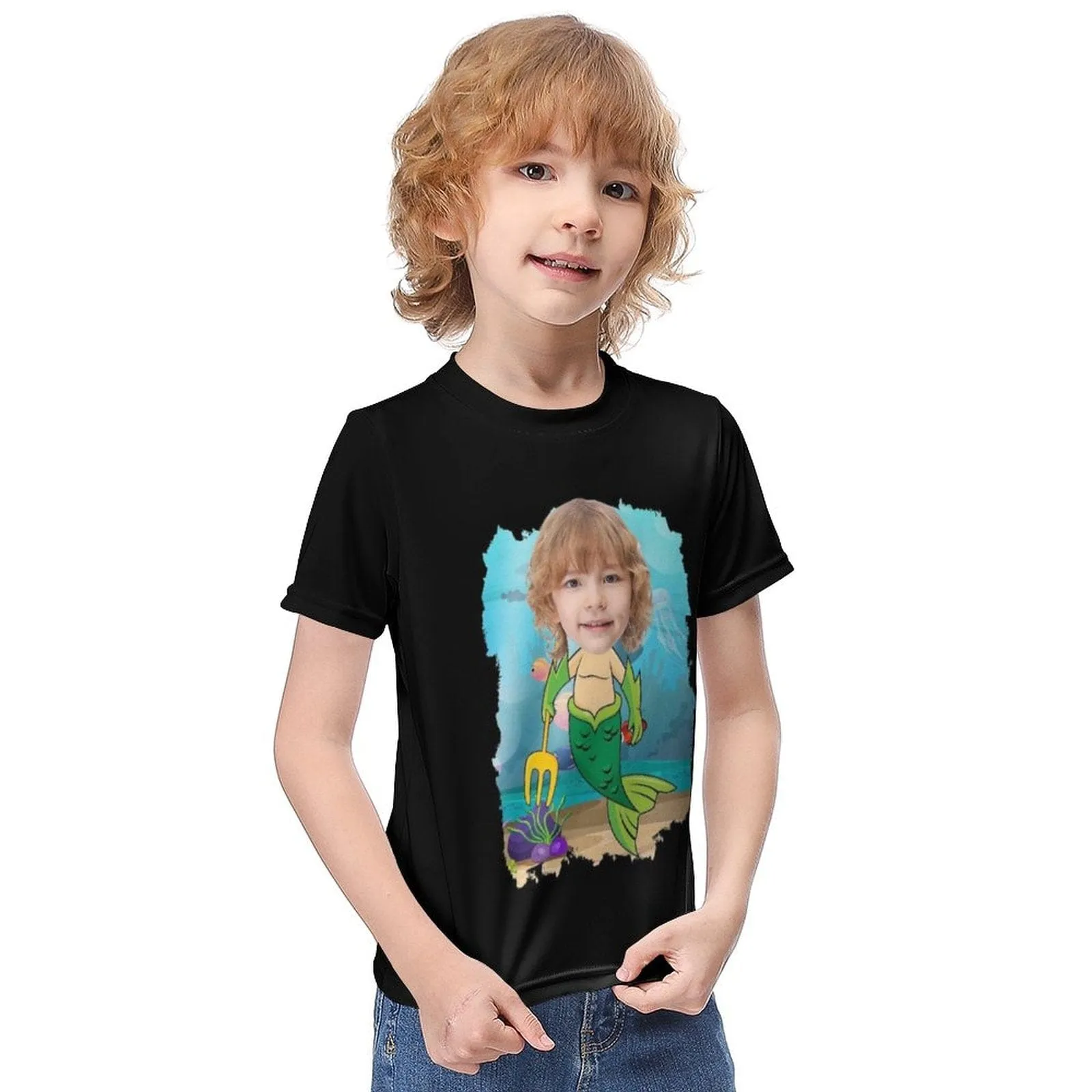 #6-12Y Custom Face Transform into a Sea Monster Cute Kid's T-shirt For Boy Girl