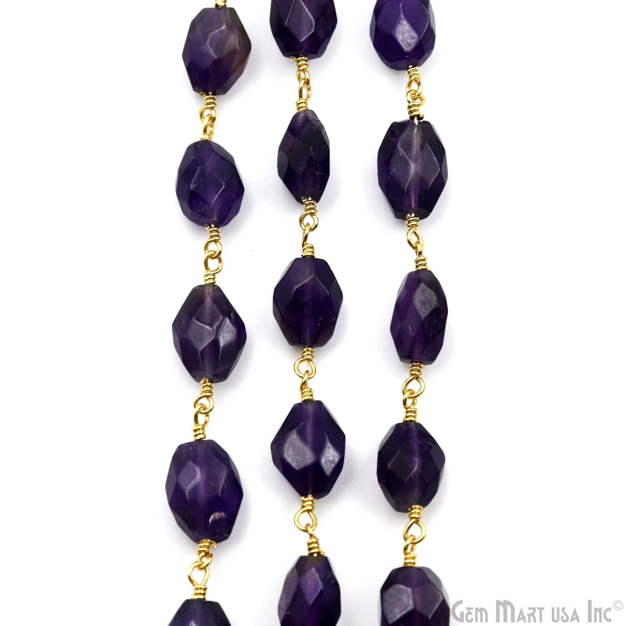 Amethyst Faceted Beads 6x8mm Gold Wire Wrapped Rosary Chain