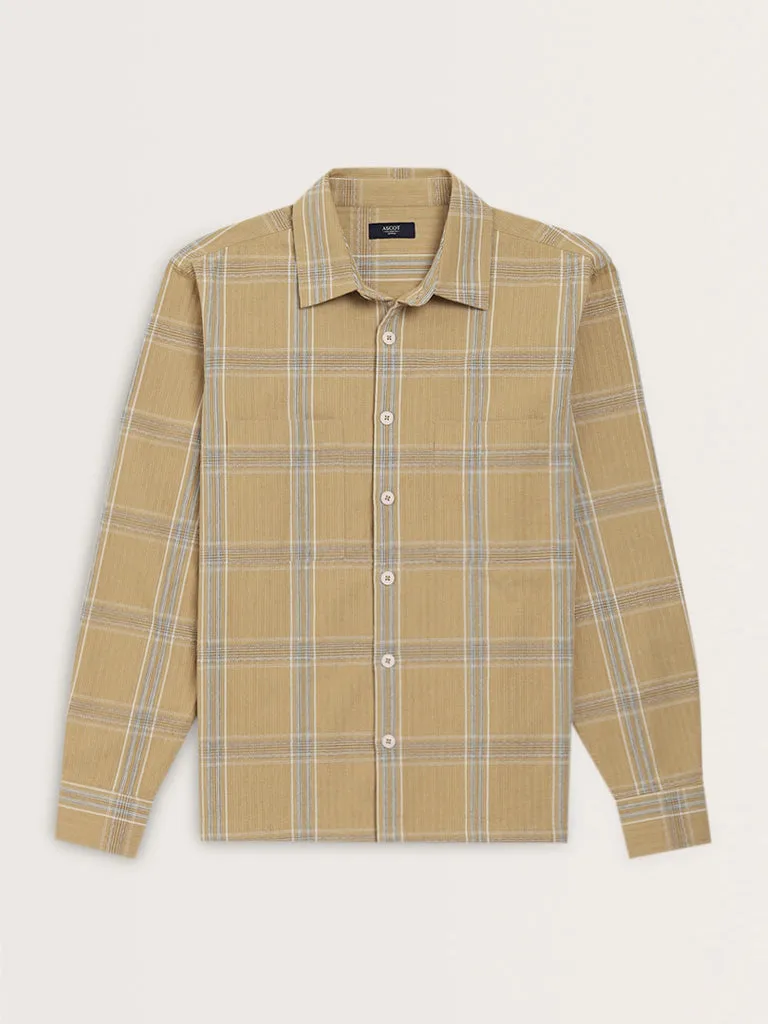 Ascot Beige Checks Design Relaxed-Fit Cotton Shirt