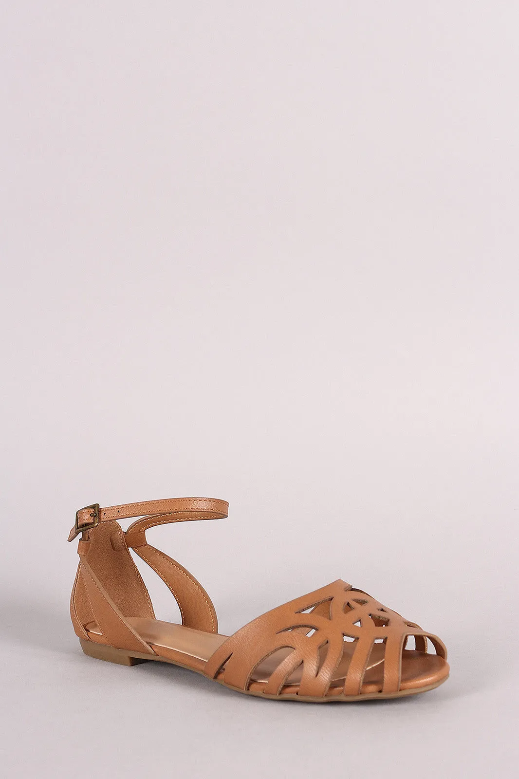 Bamboo Peep Toe Cutout Ankle Strap Flat Sandal