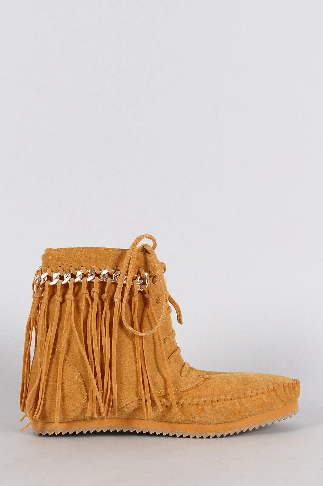 Bamboo Suede Link Chain Fringe Lace Up Moccasin Flat Booties