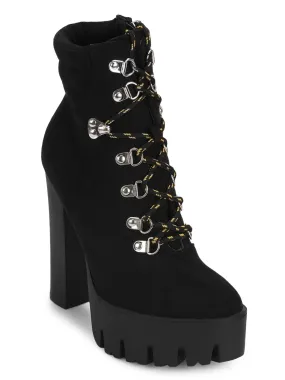 Black Micro Lace Up Block Cleated Heel Ankle Length Boots