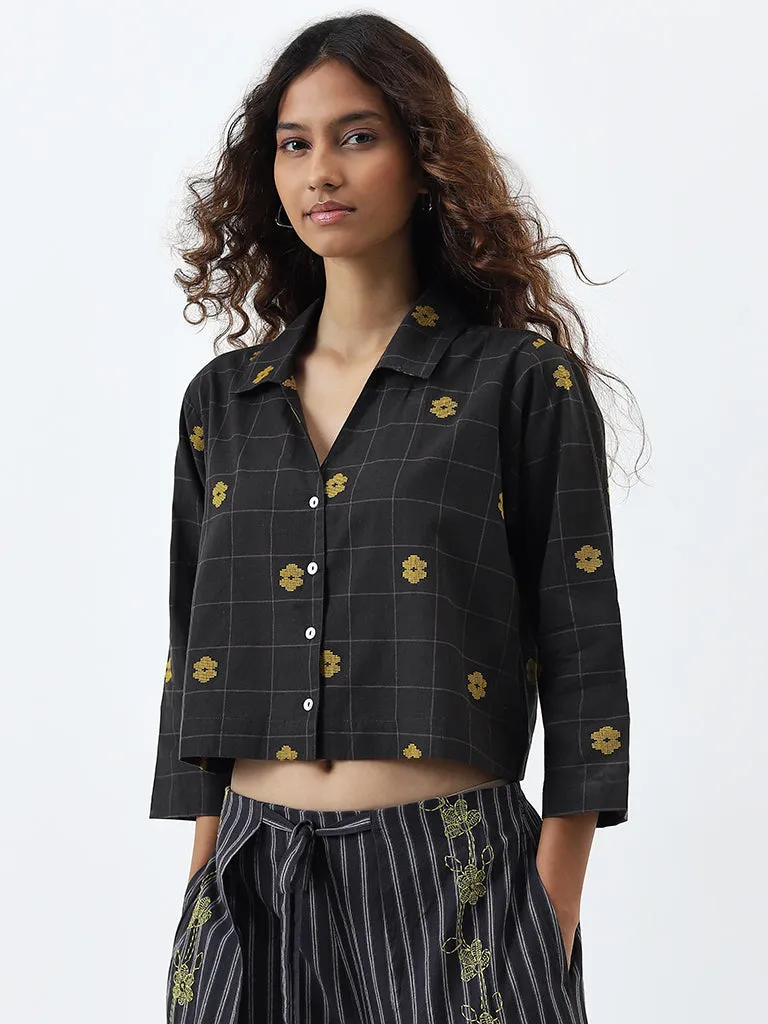 Bombay Paisley Black Floral Embroidered Cotton Shirt