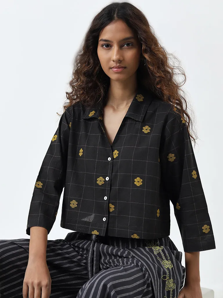 Bombay Paisley Black Floral Embroidered Cotton Shirt