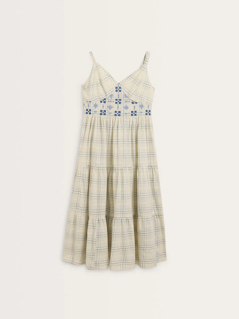 Bombay Paisley Ivory Checkered Design Tiered Cotton Dress