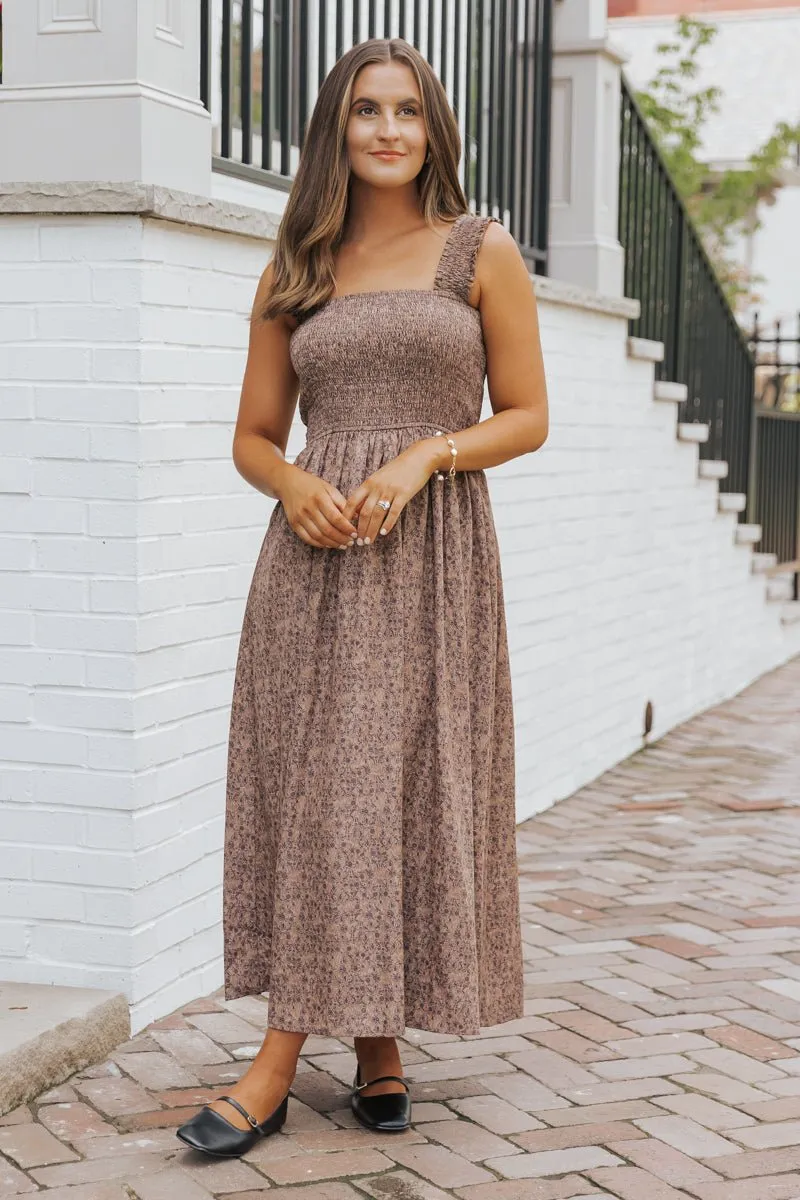 Brown Floral Print Smocked Maxi Dress