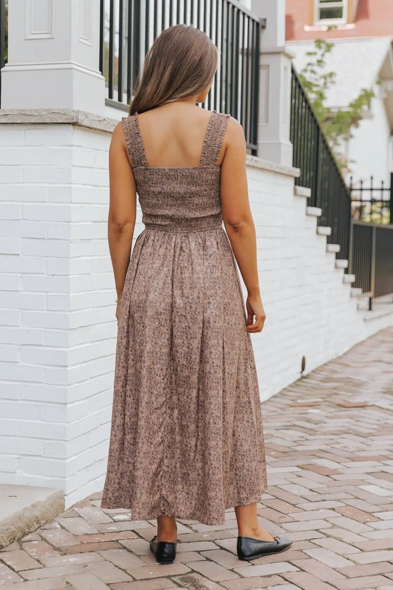 Brown Floral Print Smocked Maxi Dress