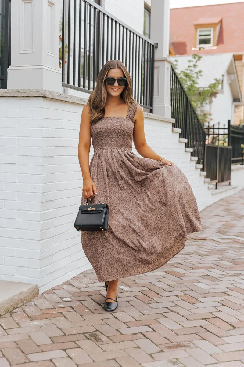 Brown Floral Print Smocked Maxi Dress