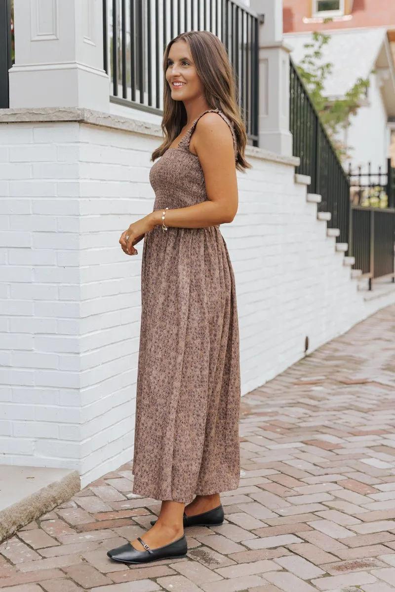 Brown Floral Print Smocked Maxi Dress