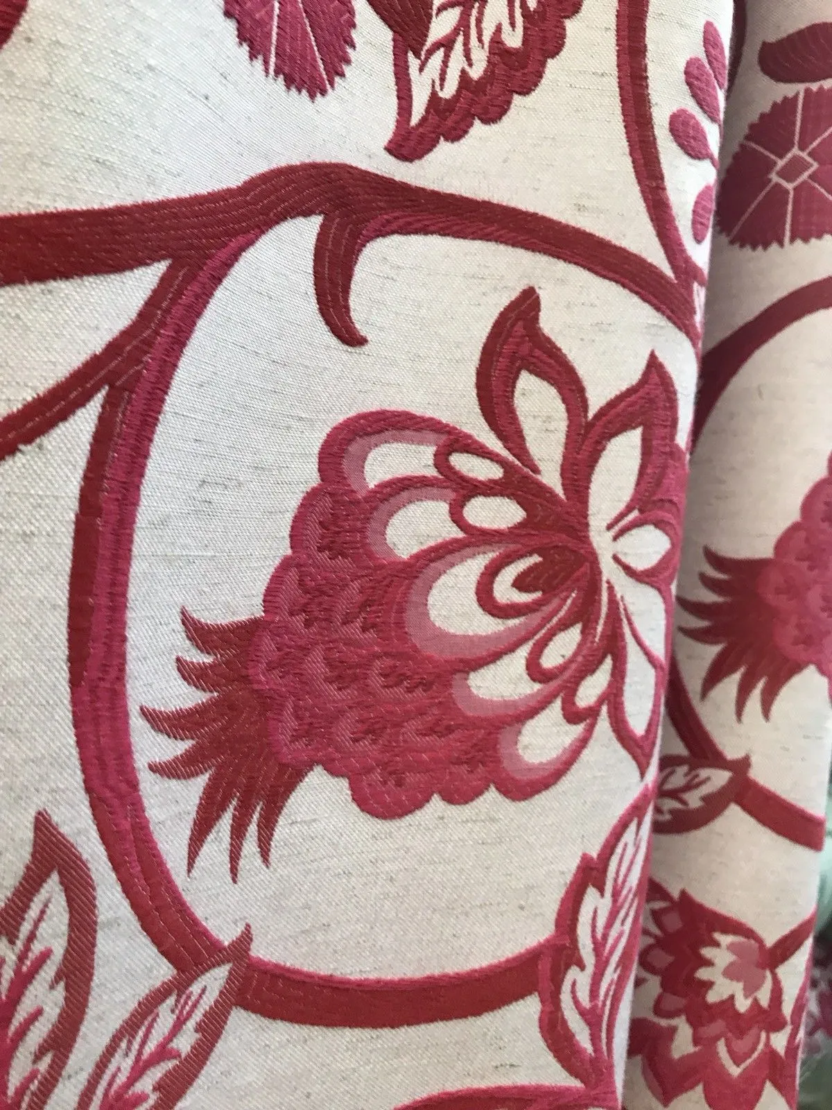 Designer Brocade Floral Drapery Fabric- Fuchsia Pink Red White -By The Yard