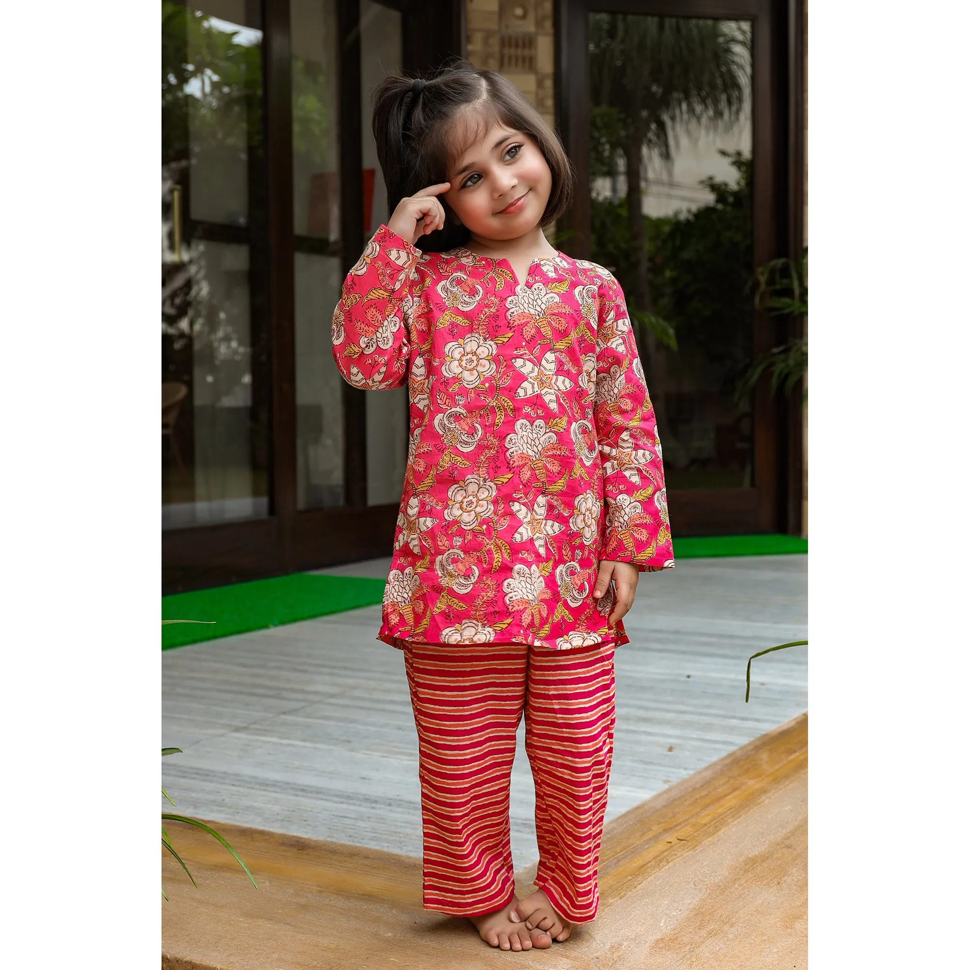 Floral Mosaic with Stripes on Kids Loungewear Set