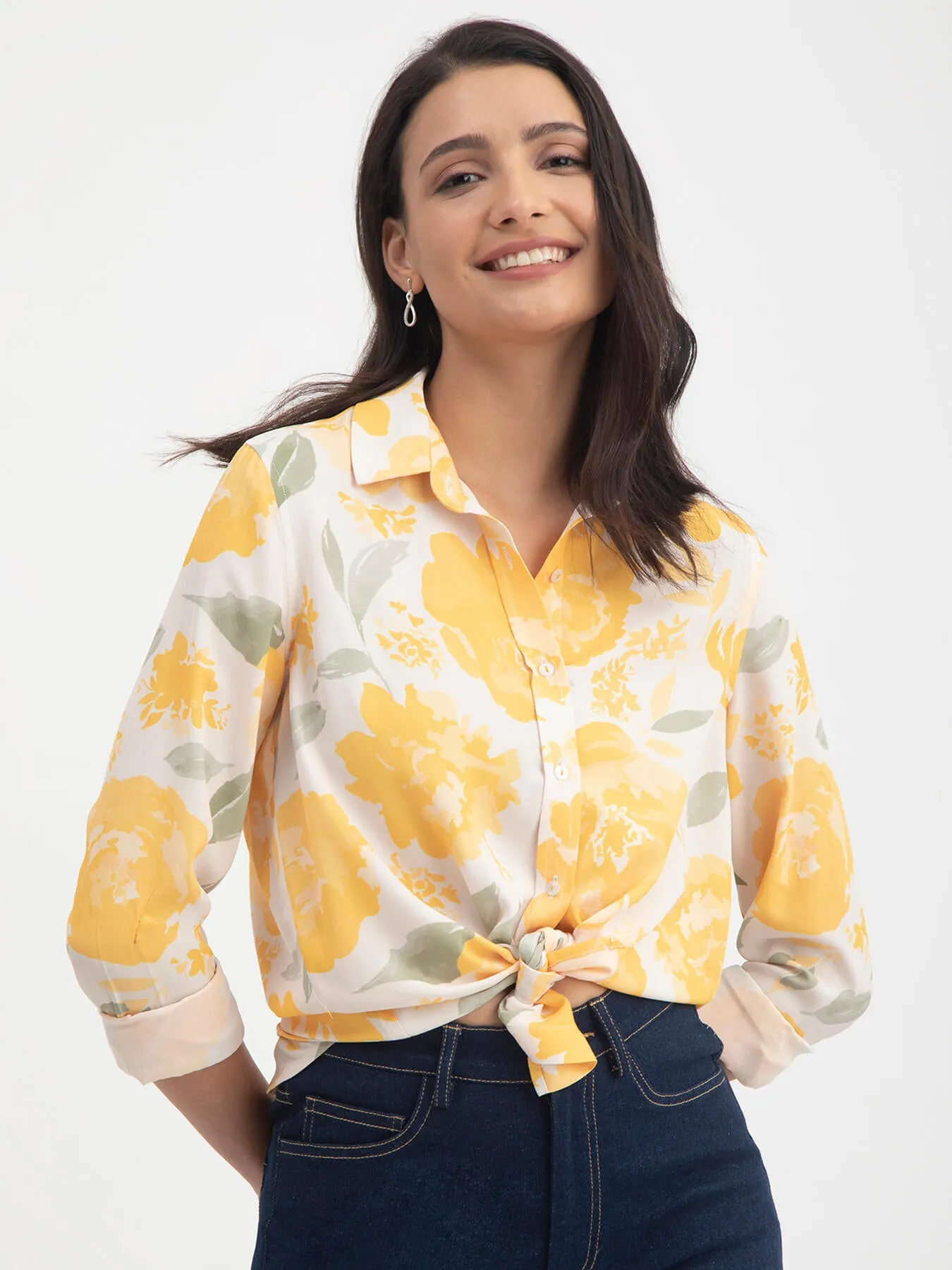 Floral Print Collared Shirt - White And Yellow