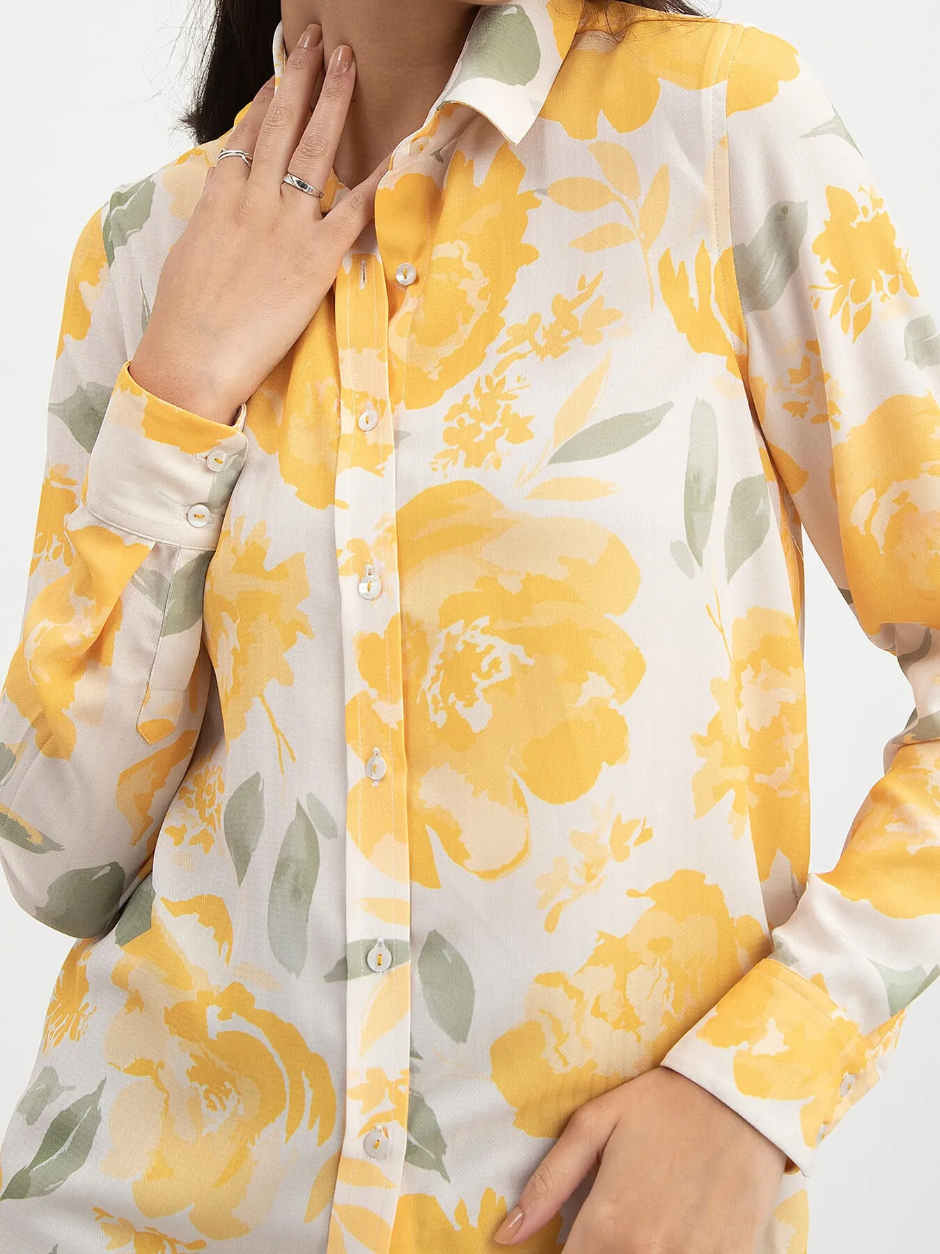 Floral Print Collared Shirt - White And Yellow