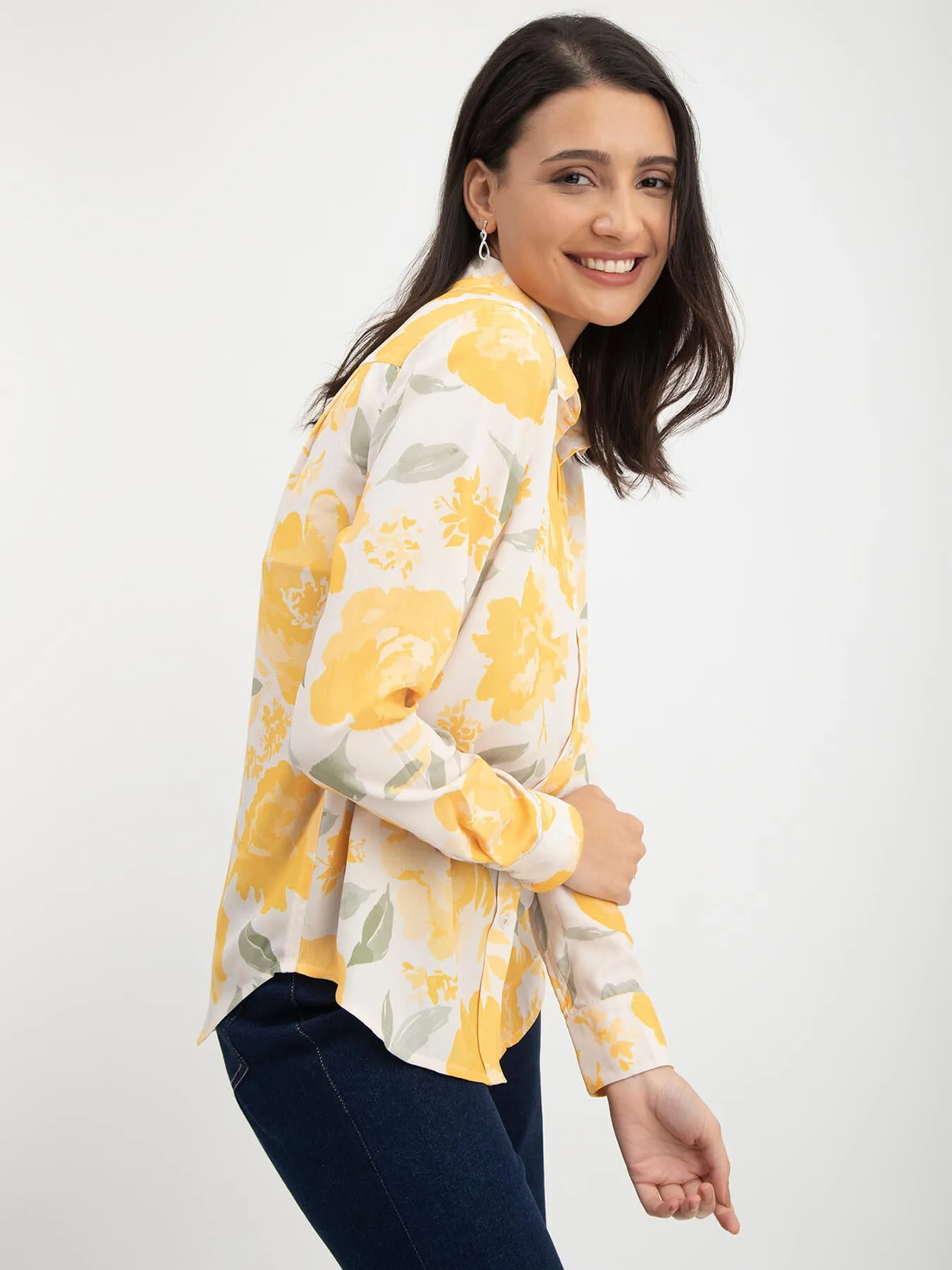 Floral Print Collared Shirt - White And Yellow