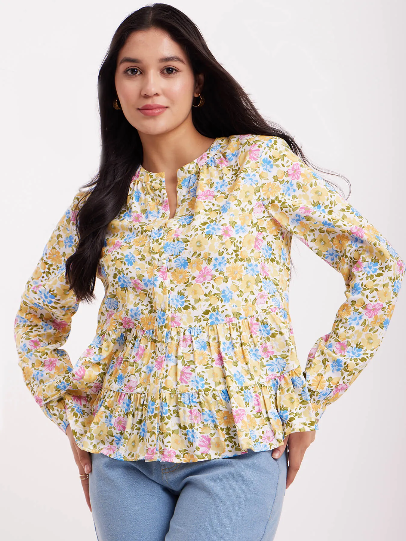 Floral Print Tiered Shirt - Multicolour