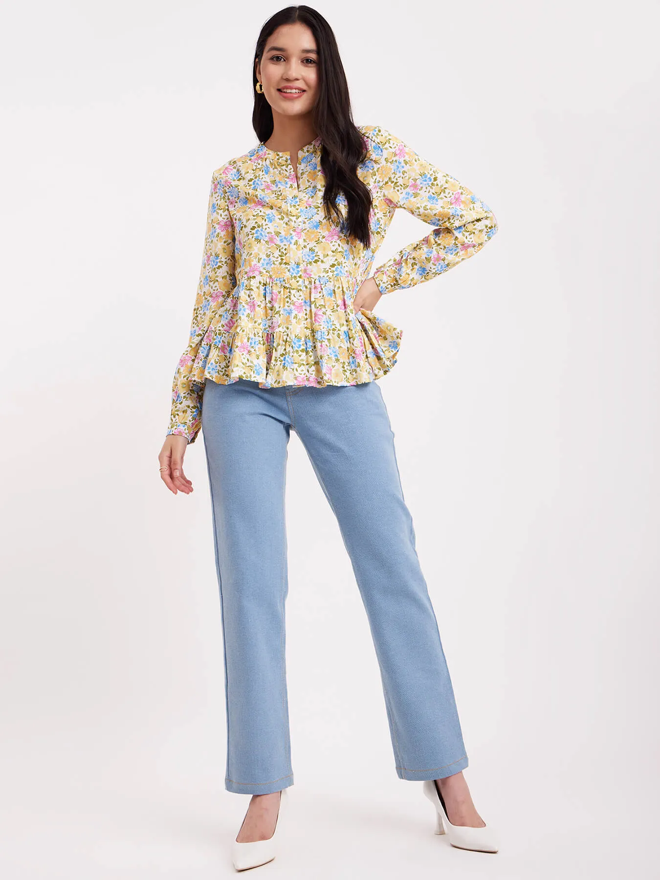 Floral Print Tiered Shirt - Multicolour