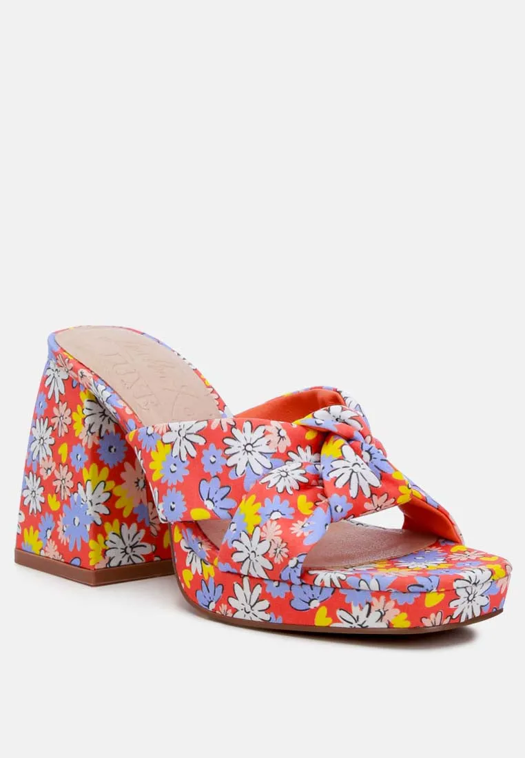 Floral Triangular Block Heel Sandals By Ruw