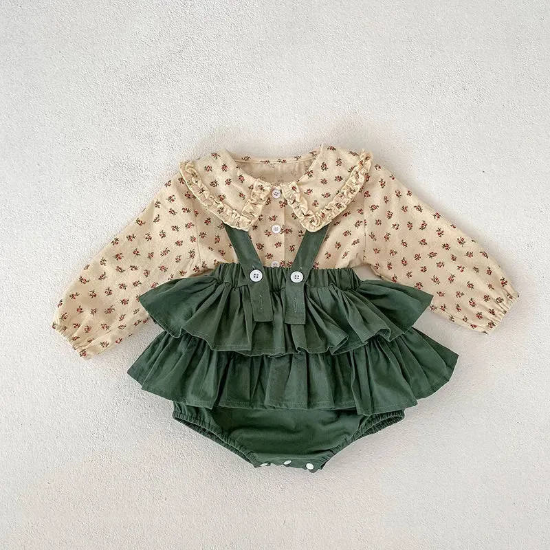 Flower Print Top and Green Ruffle Shorts Ensemble