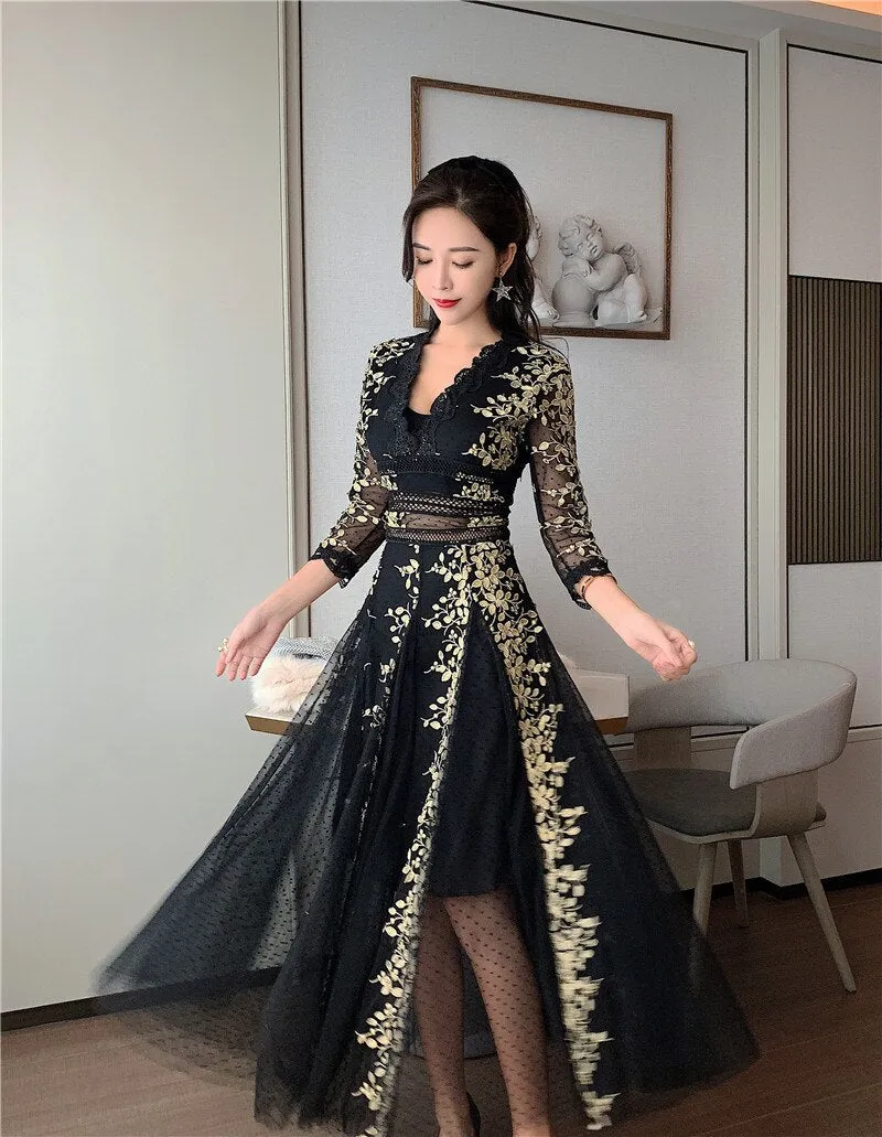 High Quality 2020 Runway Spring Sexy V-neck Three Quarter Sleeve Mesh Embroidery Polka-Dot Dress Elegant Slim Party Long Dress