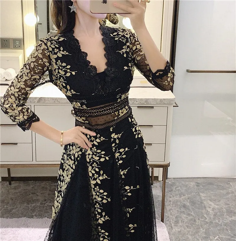 High Quality 2020 Runway Spring Sexy V-neck Three Quarter Sleeve Mesh Embroidery Polka-Dot Dress Elegant Slim Party Long Dress