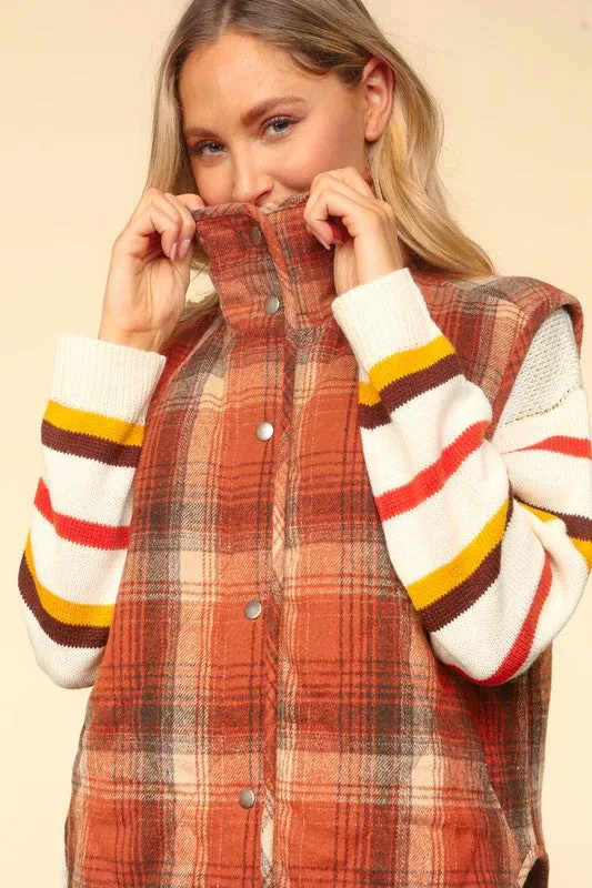 JAMIE HIGH NECK SNAP BUTTON PLAID PUFFER VEST