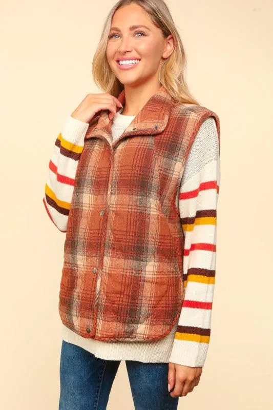 JAMIE HIGH NECK SNAP BUTTON PLAID PUFFER VEST