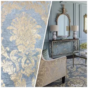 Lord Augustin Designer Velvet Chenille Burnout Medallion Upholstery Fabric - Blue & Gold