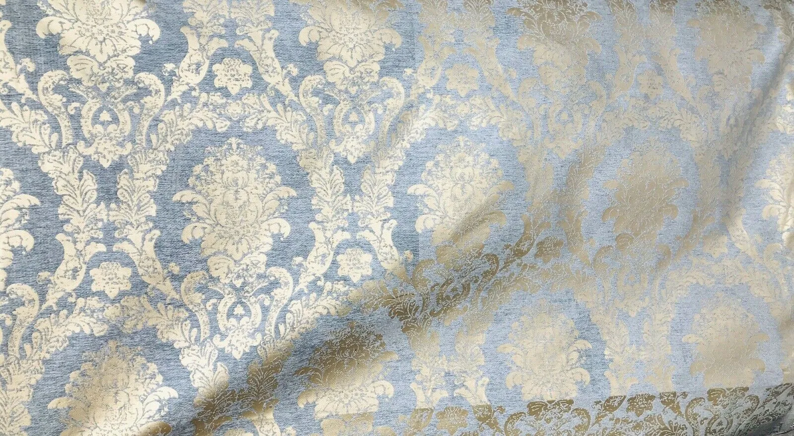 Lord Augustin Designer Velvet Chenille Burnout Medallion Upholstery Fabric - Blue & Gold