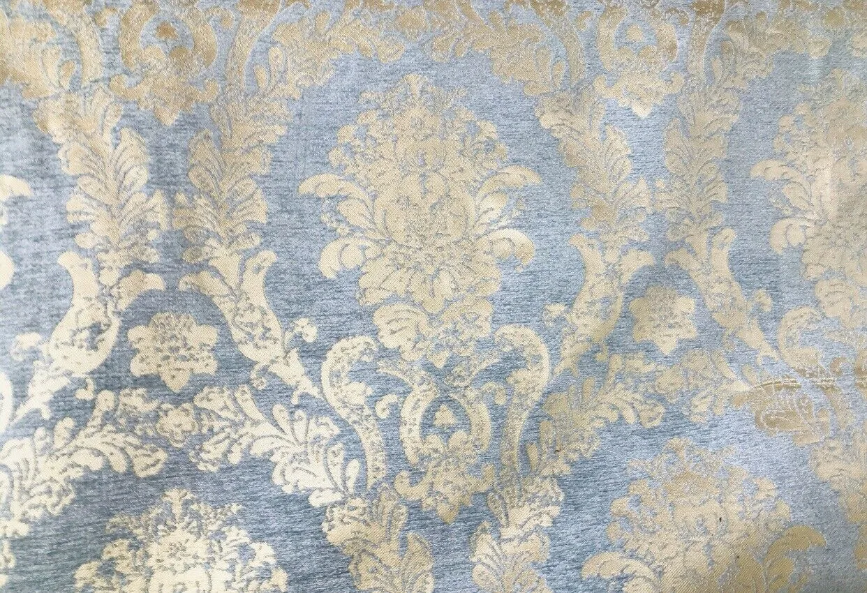 Lord Augustin Designer Velvet Chenille Burnout Medallion Upholstery Fabric - Blue & Gold