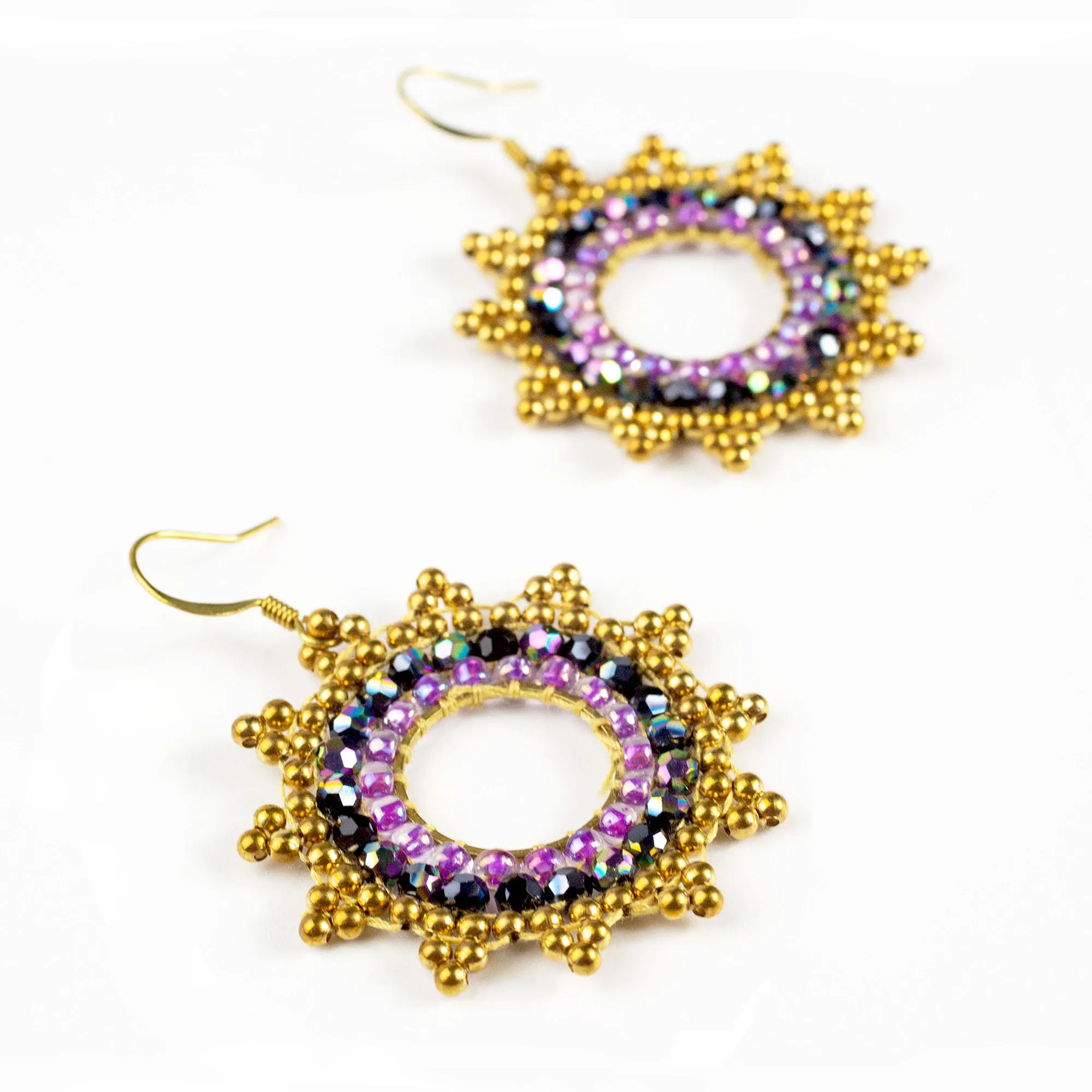 Mandala Purple Beads Brass Earrings