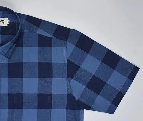 Men's 100% Cotton Big / Buffalo Checkered Half Sleeves Shirt (Blue)