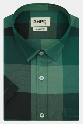 Men's 100% Cotton Big / Buffalo Checkered Half Sleeves Shirt (Green)