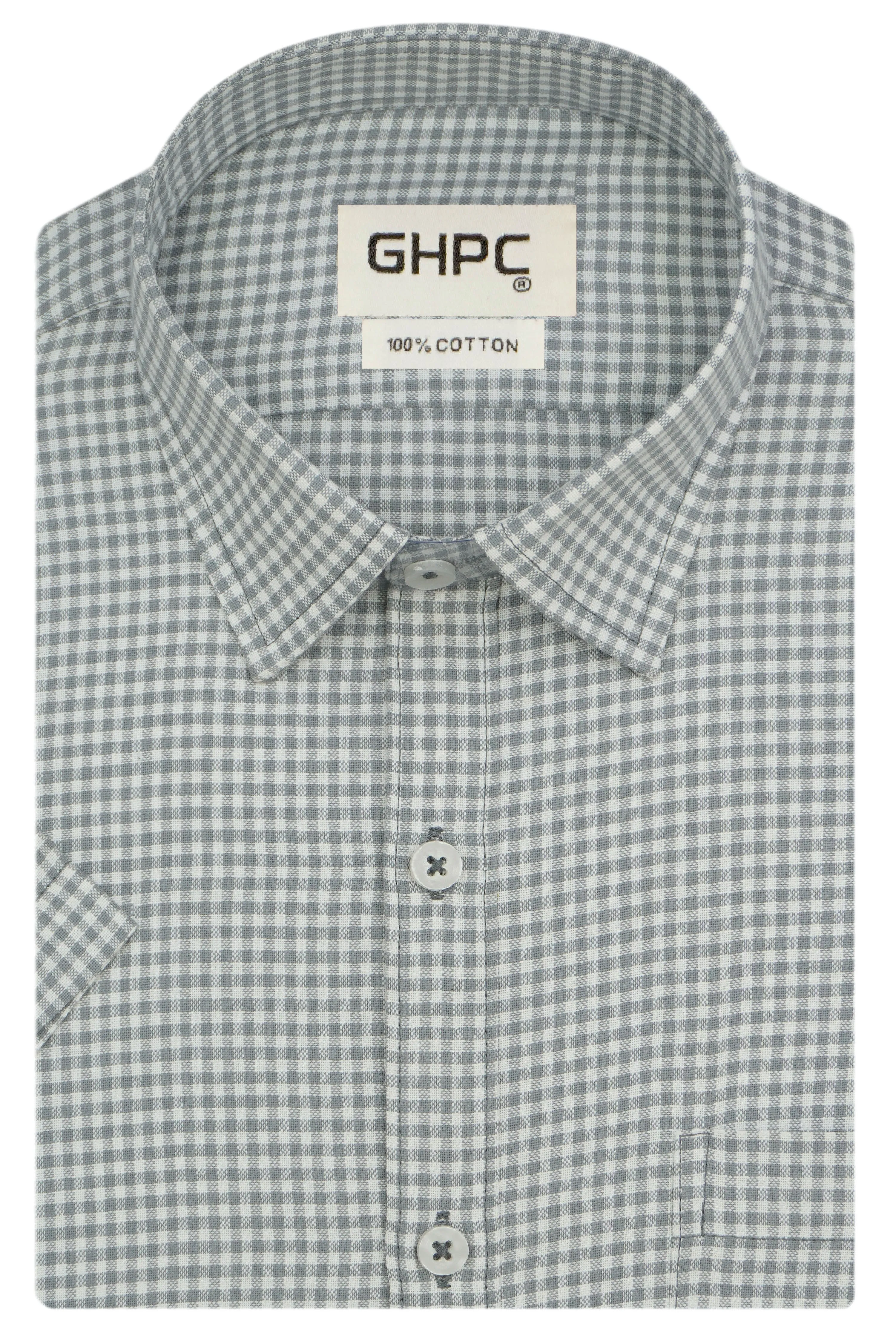 Men's 100% Cotton Checkered Half Sleeves Shirt (Grey)