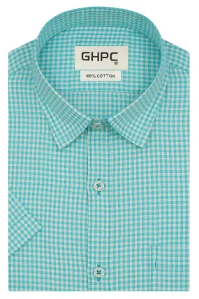 Men's 100% Cotton Checkered Half Sleeves Shirt (Sea Green)