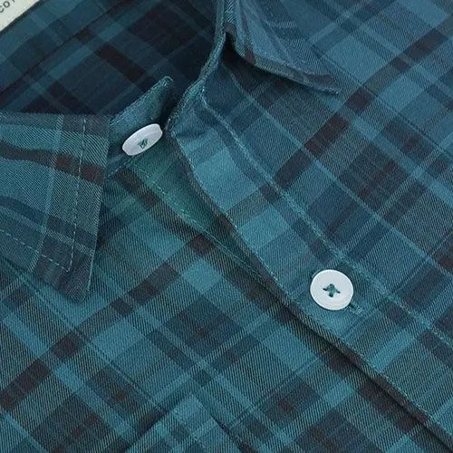 Men's 100% Cotton Full Sleeves Plaid Checkered Shirt (Blue)