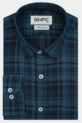 Men's 100% Cotton Full Sleeves Plaid Checkered Shirt (Blue)