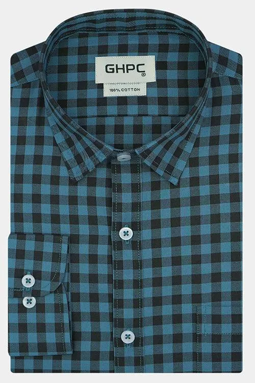 Men's 100% Cotton Gingham Checkered Full Sleeves Shirt (Sky Blue)