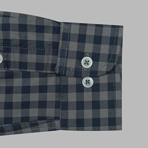 Men's 100% Cotton Gingham Checkered Full Sleeves Shirt (Steel Grey)