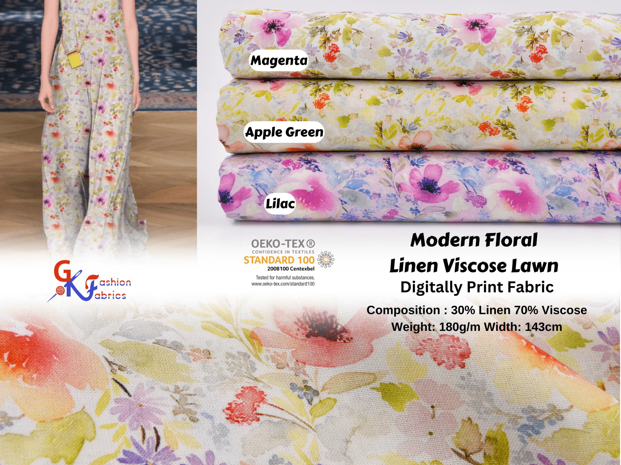 Modern Floral Linen Viscose Lawn  Digitally Print Fabric - 208715