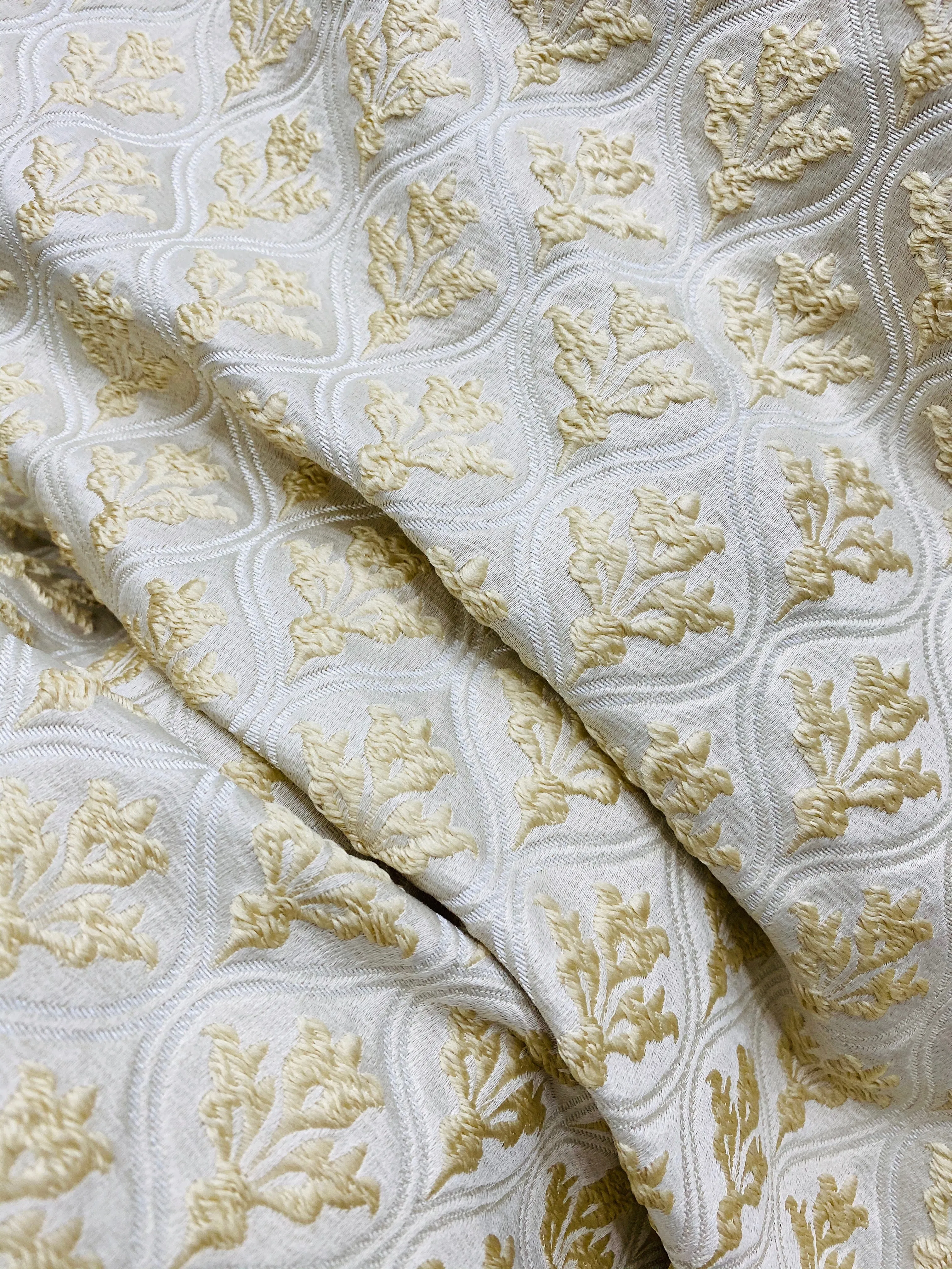 NEW Designer Satin Regal Leaf Motif Drapery Yellow & Cream Fabric