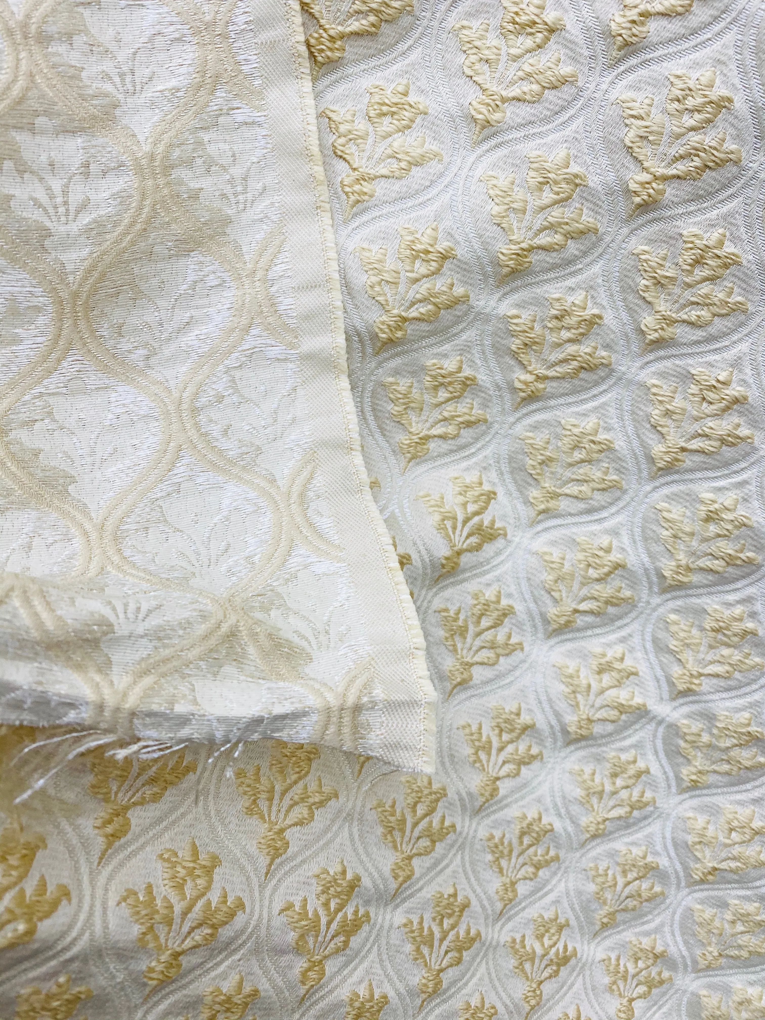 NEW Designer Satin Regal Leaf Motif Drapery Yellow & Cream Fabric