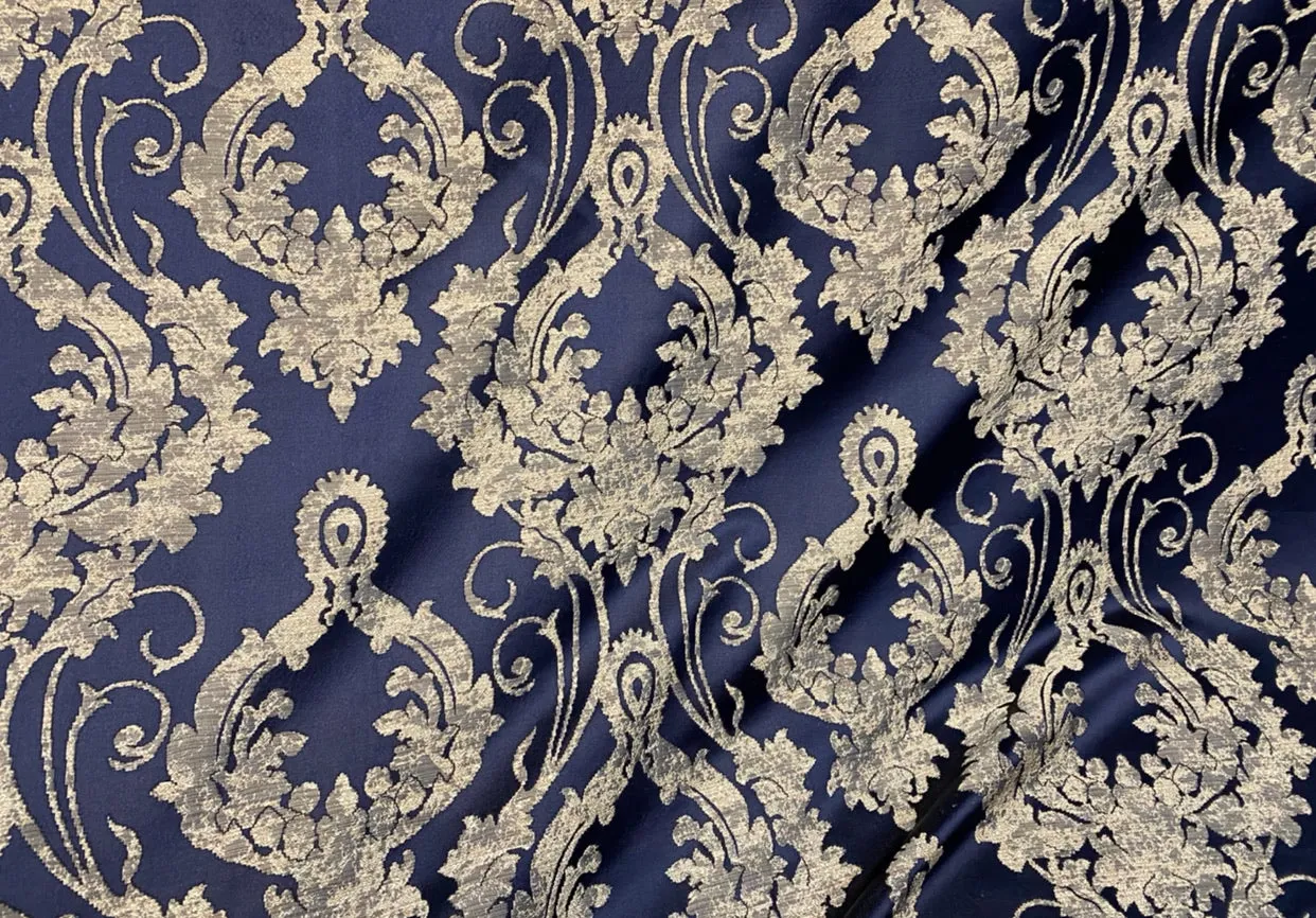 NEW Lord Tustin Brocade Upholstery & Drapery Satin Medallion Fabric - Navy Blue