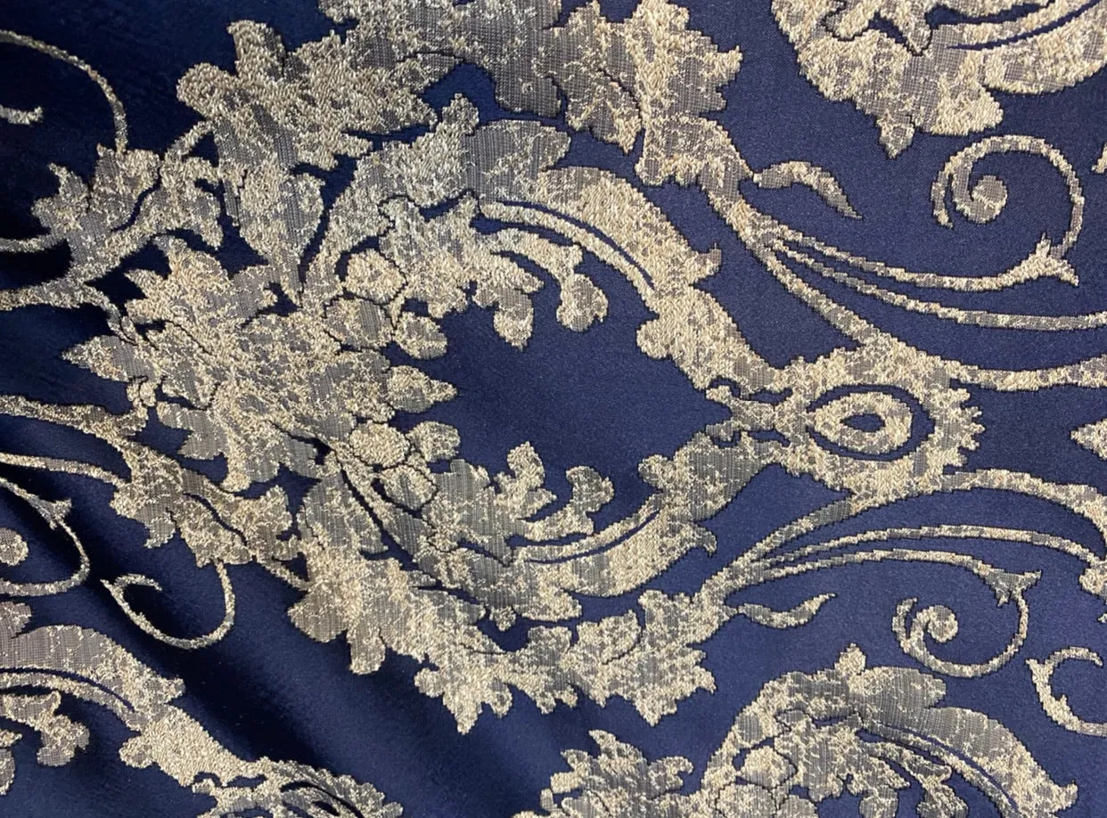 NEW Lord Tustin Brocade Upholstery & Drapery Satin Medallion Fabric - Navy Blue